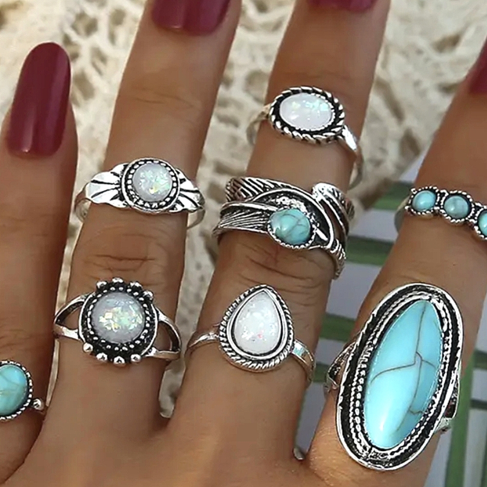 Bohemian Silvery Blue White Ring Set Size 5-10 - Picture 7 of 7